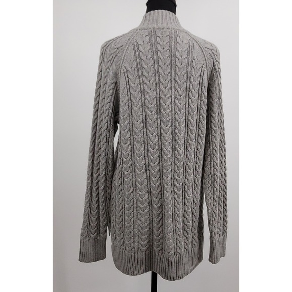 Jeanne Pierre Fisherman Sweater L Grey Mock Neck Preppy Chunky Cable Knit Cotton - Picture 2 of 10